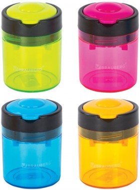 Точилка BRAUBERG "Office Round", 2 отверстия для чернографитных карандашей (в том числе утолщенных), с контейнером, ассорти, 228446