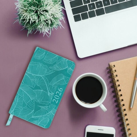 Еженедельник датированный 2026 МАЛЫЙ ФОРМАТ 95х155 мм, А6, BRAUBERG "Foliage", под кожу, бирюза, 117197