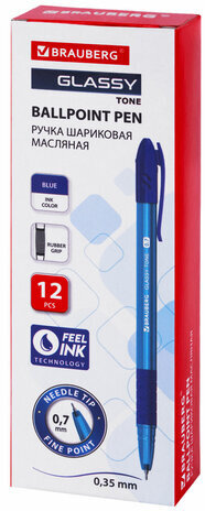 Ручка шариковая масляная с грипом BRAUBERG GLASSY TONE, СИНЯЯ, узел 0,7 мм, линия письма 0,35 мм, 144108