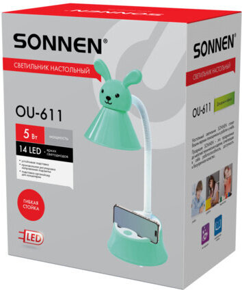 Настольная лампа-светильник SONNEN OU-611 на подставке, СВЕТОДИОДНАЯ, "SWEET BUNNY", 5 Вт, зеленый, 237642