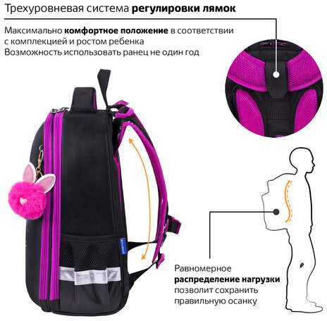 Ранец BRAUBERG SHINY, 2 отделения, с брелоком, "Magic cat", 38х28х14 см, 271381