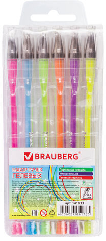 Ручки гелевые BRAUBERG "Jet", НАБОР 6 ЦВЕТОВ, ПАСТЕЛЬНЫЕ, узел 0,7 мм, линия письма 0,5 мм, 141033