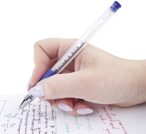 Ручка гелевая с грипом STAFF "EVERYDAY" GP-191, СИНЯЯ, корпус прозрачный, узел 0,5 мм, линия письма 0,35 мм, 141822