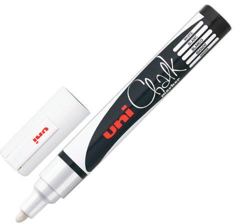 Маркер меловой UNI "Chalk", 1,8-2,5 мм, БЕЛЫЙ, влагостираемый, для гладких поверхностей, PWE-5M WHITE