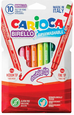 Фломастеры двухсторонние CARIOCA (Италия) "Birello", 10 цветов, 2 пишущих узла 2,5 и 5 мм, суперсмываемые
