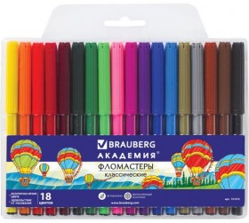 Фломастеры BRAUBERG "АКАДЕМИЯ", 18 цветов, вентилируемый колпачок, ПВХ упаковка, 151412