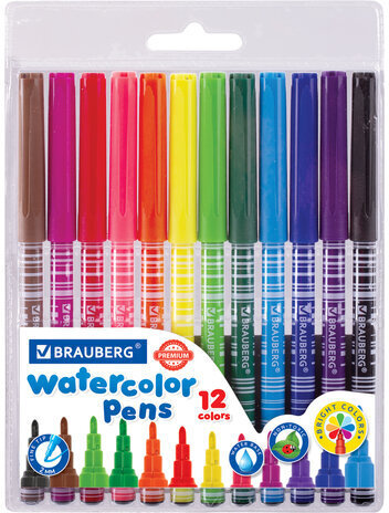 Фломастеры BRAUBERG "PREMIUM", 12 цветов, КОРПУС С ПЕЧАТЬЮ, вентилируемый колпачок, ПВХ-упаковка с европодвесом, 151942