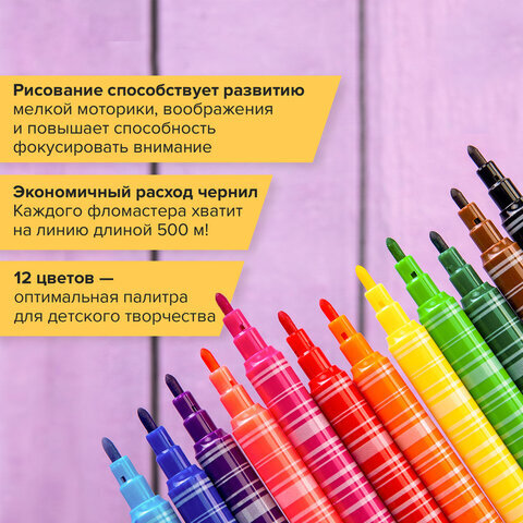 Фломастеры BRAUBERG "PREMIUM", 12 цветов, КОРПУС С ПЕЧАТЬЮ, вентилируемый колпачок, ПВХ-упаковка с европодвесом, 151942