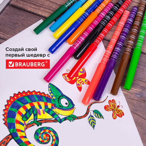 Фломастеры BRAUBERG "PREMIUM", 12 цветов, КОРПУС С ПЕЧАТЬЮ, вентилируемый колпачок, ПВХ-упаковка с европодвесом, 151942