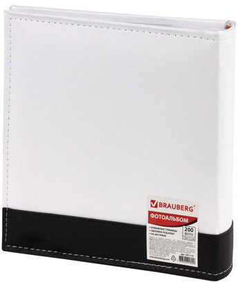 Фотоальбом BRAUBERG на 200 фото. 10х15 см, под замшу, бумажные страницы, бокс, белый с черным, 391114