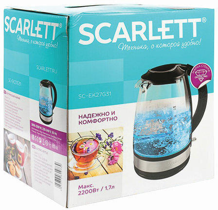 Чайник SCARLETT SC-EK27G31, 1,7 л, 2200 Вт, закрытый нагревательный элемент, стекло