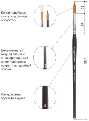 Кисть художественная проф. BRAUBERG ART CLASSIC, синтетика мягкая под колонок, кругл, № 5, кор руч, 200690