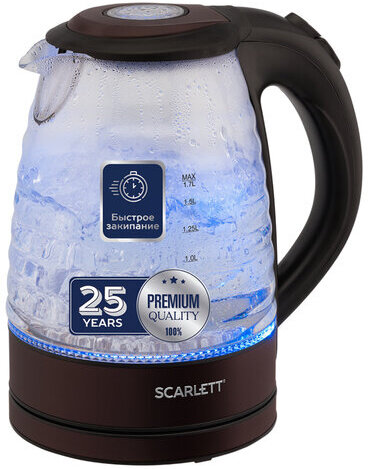 Чайник SCARLETT SC-EK27G97, 1,7 л, 2200 Вт, закрытый нагревательный элемент, стекло, коричневый