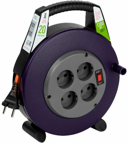 Удлинитель на катушке ЭРА BPx-4, 4 розетки без заземления, с выключателем, 20 м, 2x0,75 мм, 1300 Вт, 4-2x0,75-20m