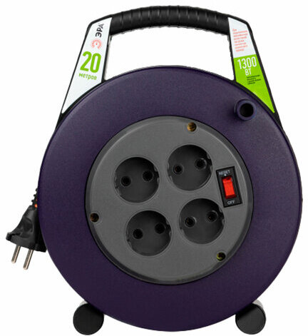 Удлинитель на катушке ЭРА BPx-4, 4 розетки без заземления, с выключателем, 20 м, 2x0,75 мм, 1300 Вт, 4-2x0,75-20m