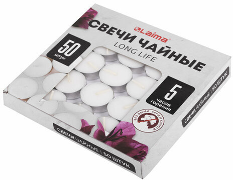 Свечи чайные Long Life, до 5 часов горения, вес 12 г, КОМПЛЕКТ 50 шт., в гильзе, LAIMA, 609200