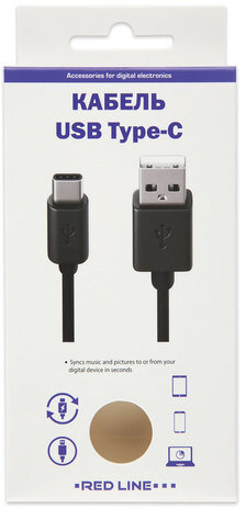 Кабель USB 2.0 AM-TypeC, 1 м, RED LINE, для подключения портативных устройств и периферии, черный, УТ000010553
