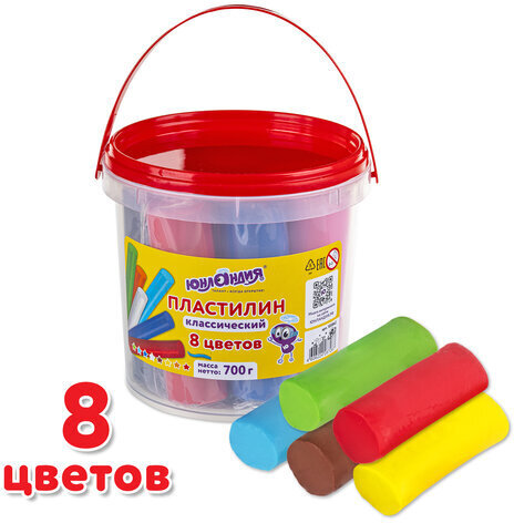 Пластилин в ведерке ЮНЛАНДИЯ, 8 цветов, 700 г, ВЫСШЕЕ КАЧЕСТВО, 105862