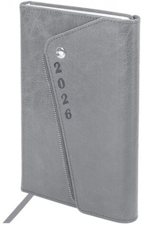 Ежедневник датированный 2026, А5, 145х213 мм, BRAUBERG "Jacket", под кожу, клапан, держатель, серый, 117403