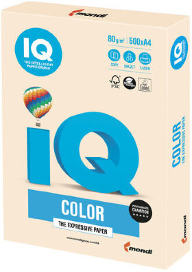 Бумага цветная IQ color, А4, 80 г/м2, 500 л., пастель, кремовая, CR20
