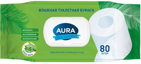 Бумага туалетная влажная 80 шт., AURA "Ultra Comfort" с пластиковым клапаном, 14055