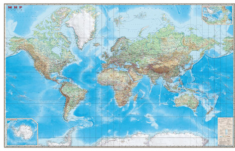 Карта настенная "Мир. Обзорная карта. Физическая с границами", М-1:15 млн., разм. 192х140 см, ламинированная, 293