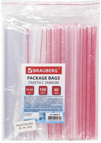 Пакеты с замком ZIP LOCK "зиплок", комплект 100 шт., 150х200 мм, ПВД, толщина 40 микрон, BRAUBERG, 606213