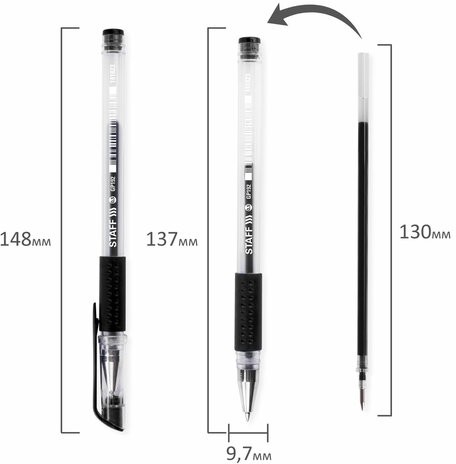 Ручка гелевая с грипом STAFF "EVERYDAY" GP-192, ЧЕРНАЯ, корпус прозрачный, узел 0,5 мм, линия письма 0,35 мм, 141823