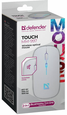 Мышь беспроводная DEFENDER TOUCH MM-997, USB, 3 кнопки+1 колесо-кнопка, оптическая, белая, 52998