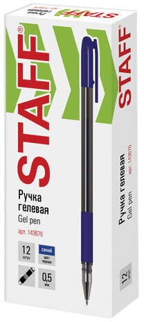 Ручка гелевая с грипом STAFF "Basic" GP-677, СИНЯЯ, корпус тонированный, узел 0,5 мм, линия письма 0,35 мм, 143676