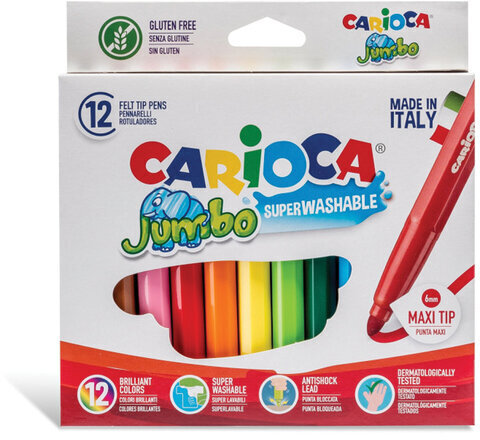 Фломастеры утолщенные CARIOCA "Jumbo", 12 цветов, суперсмываемые, вентилируемый колпачок, картонная упаковка, 40569