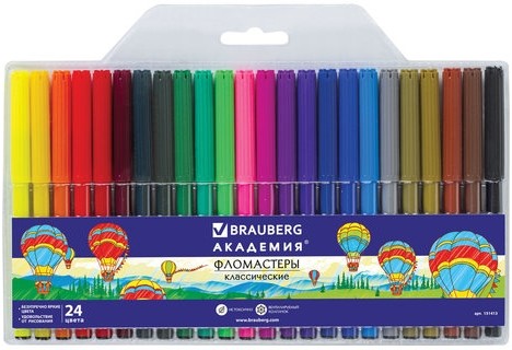 Фломастеры BRAUBERG "АКАДЕМИЯ", 24 цвета, вентилируемый колпачок, ПВХ упаковка, 151413