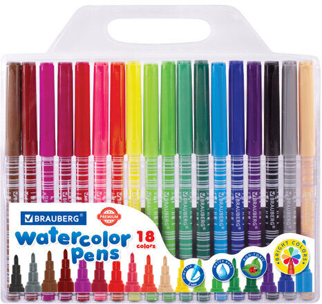 Фломастеры BRAUBERG "PREMIUM", 18 цветов, КОРПУС С ПЕЧАТЬЮ, вентилируемый колпачок, ПВХ-упаковка с европодвесом, 151943