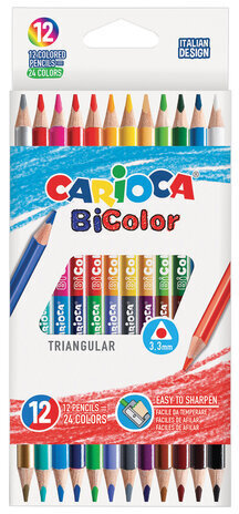 Карандаши двусторонние CARIOCA &quot;Bi-color&quot;, 12 штук, 24 цвета, трехгранные, заточенные, 42991