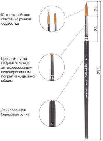 Кисть художественная проф. BRAUBERG ART CLASSIC, синтетика мягкая под колонок, кругл, № 6, кор руч, 200691