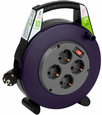 Удлинитель на катушке ЭРА BPx-4e, 4 розетки с заземлением, с выключателем, 10 м, 3x0,75 мм, 1300 Вт, 4e-3x0,75-10m