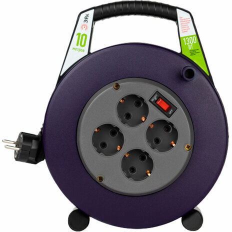 Удлинитель на катушке ЭРА BPx-4e, 4 розетки с заземлением, с выключателем, 10 м, 3x0,75 мм, 1300 Вт, 4e-3x0,75-10m