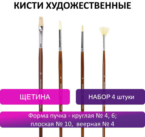 Кисти художественные BRAUBERG ART, набор 4 шт. (щетина круглая № 4, 6, плоская № 10, веерная № 4), 200945