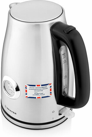 Чайник с термометром BRAYER BR1022, 1,8 л, 2200 Вт, закрытый нагревательный элемент, сталь