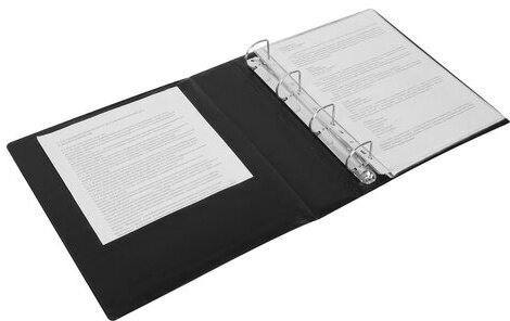 Папка на 4 кольцах с передним прозрачным карманом BRAUBERG, картон/ПВХ, 65 мм, черная, до 400 листов, 223534