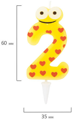 Свеча-цифра для торта "2" "С глазками", 6 см, ЗОЛОТАЯ СКАЗКА, с держателем, в блистере, 591405