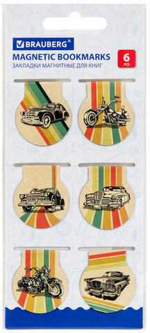 Закладки для книг МАГНИТНЫЕ, "AUTO", набор 6 шт., 32х28 мм, BRAUBERG, 113167