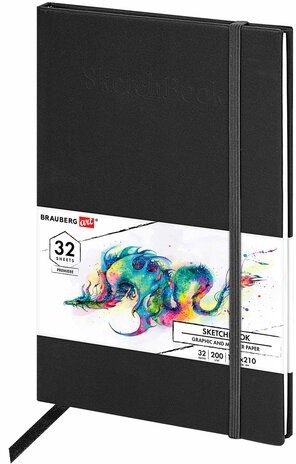 Скетчбук для графики и маркеров, "БРИСТОЛЬ" 200 г/м2, 140х210 мм, 32 л., КОЖЗАМ, BRAUBERG ART, Черный, 115099