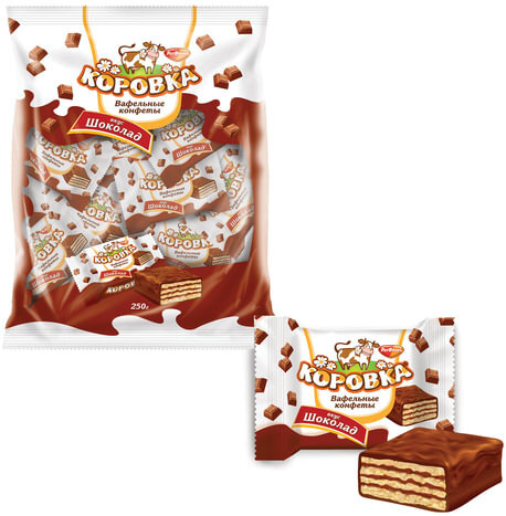 Конфеты шоколадные РОТ ФРОНТ "Коровка", вафельные с шоколадной начинкой, 250 г, пакет, РФ09756