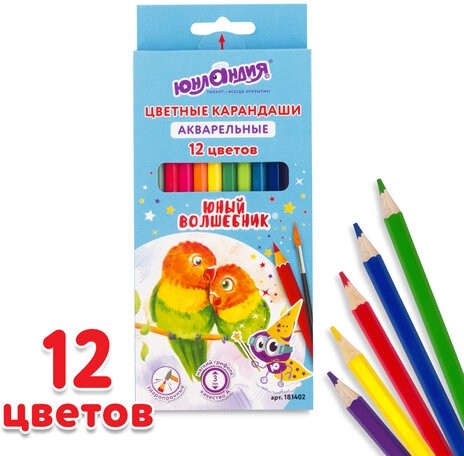 Карандаши цветные акварельные ЮНЛАНДИЯ "ЮНЫЙ ВОЛШЕБНИК", 12 цветов, шестигранные, заточенные, 181402