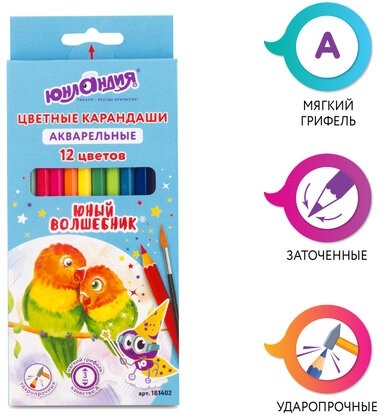 Карандаши цветные акварельные ЮНЛАНДИЯ "ЮНЫЙ ВОЛШЕБНИК", 12 цветов, шестигранные, заточенные, 181402