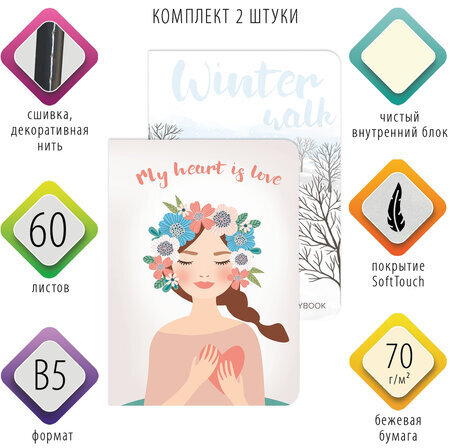 Тетради-скетчбуки 60 л. обложка SoftTouch, НАБОР 2 шт., бежевая бумага 70 г/м2, сшивка, B5 (179х250 мм), ROMANTIC, BRAUBERG, 403832