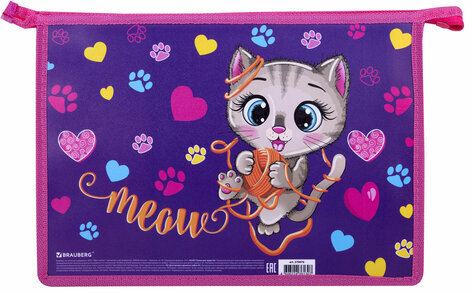 Папка для труда на молнии BRAUBERG А4, 2 отделения, органайзер, "Playing kitty", 270976