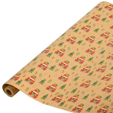 Бумага упаковочная крафт BIG SIZE новогодняя "XMAS Car", 0,7х10 м, ЗОЛОТАЯ СКАЗКА, 592194