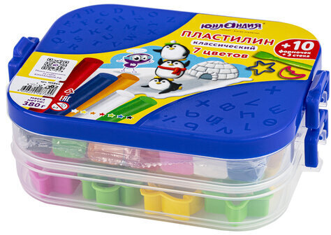 Пластилин в боксе ЮНЛАНДИЯ, 7 цветов, 380 г, 3 стека, 10 формочек, 105864